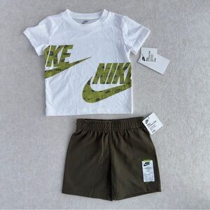 Nike Baby Boy 2PC Shorts Outfit Set 24 Months White Logo Tee Olive Shorts NWT